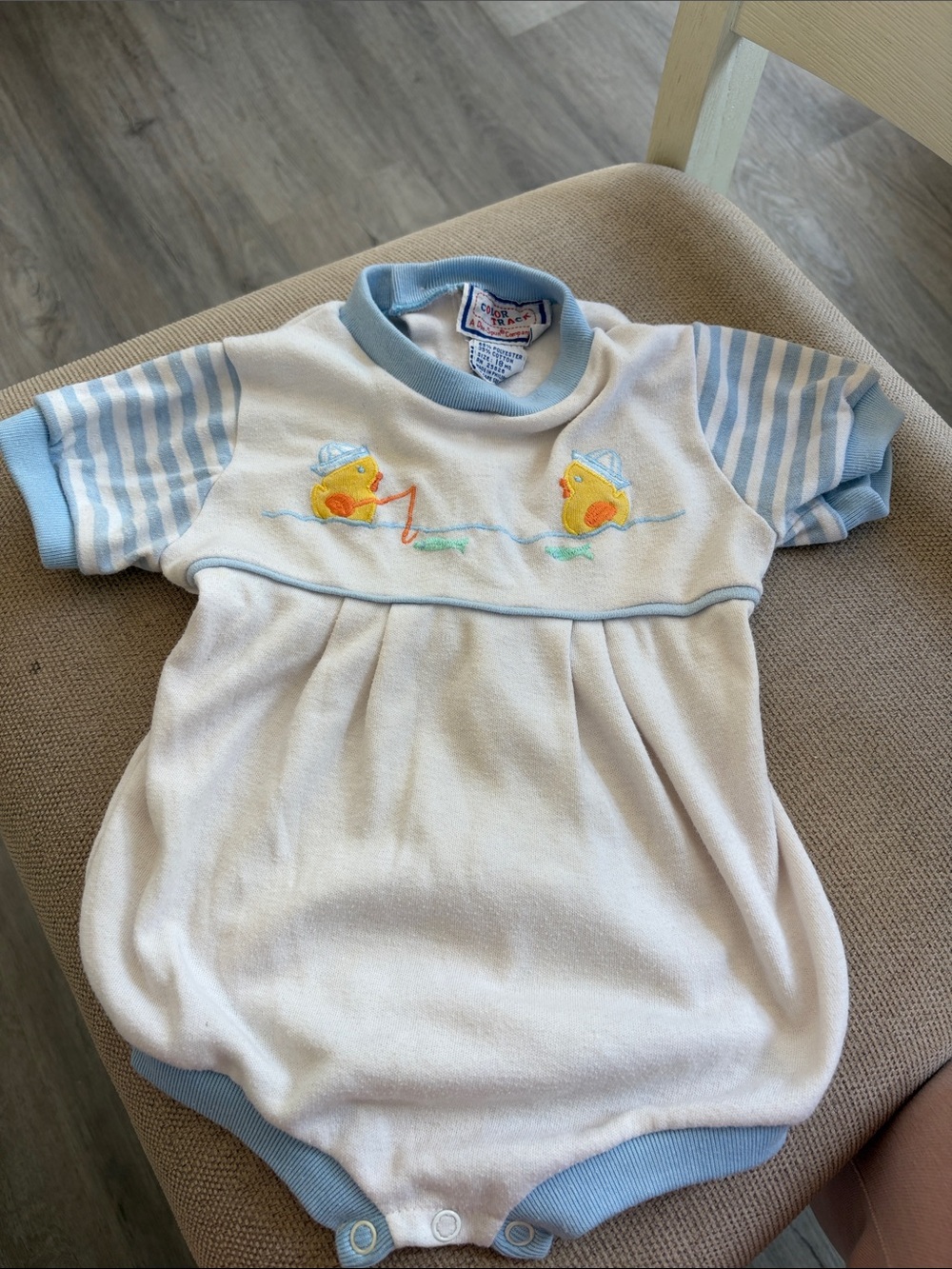 Vintage Baby Blue & White Duck Embroidered One-Piece Bodysuit